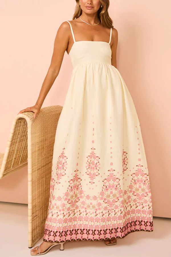 Paradise Flowers Linen Blend Unique Print Pocketed Strap Loose Maxi Dress White