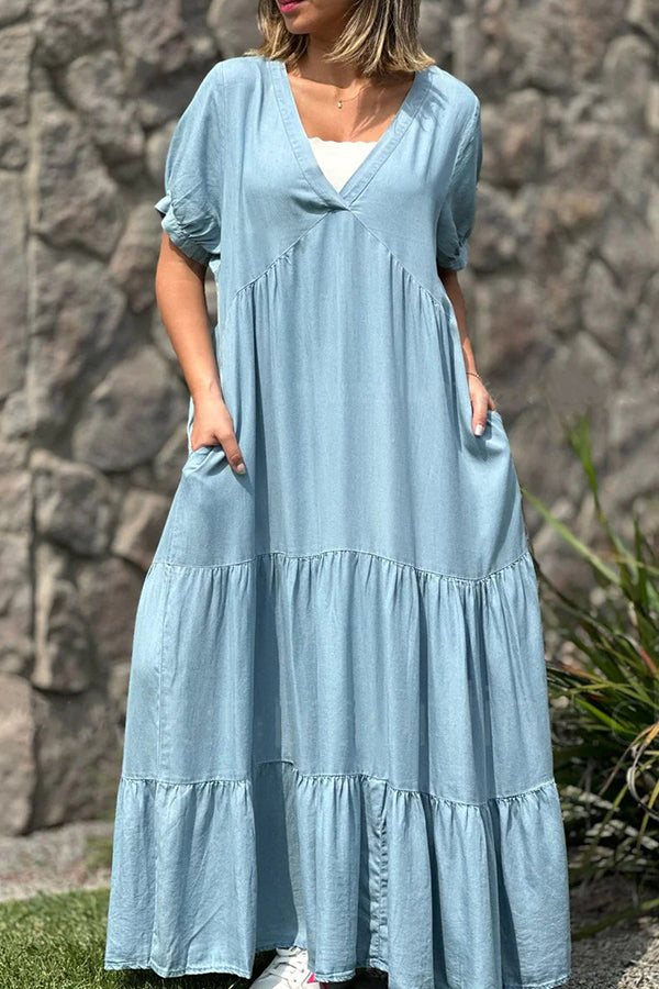 Denim solid color V-neck casual skirt light blue