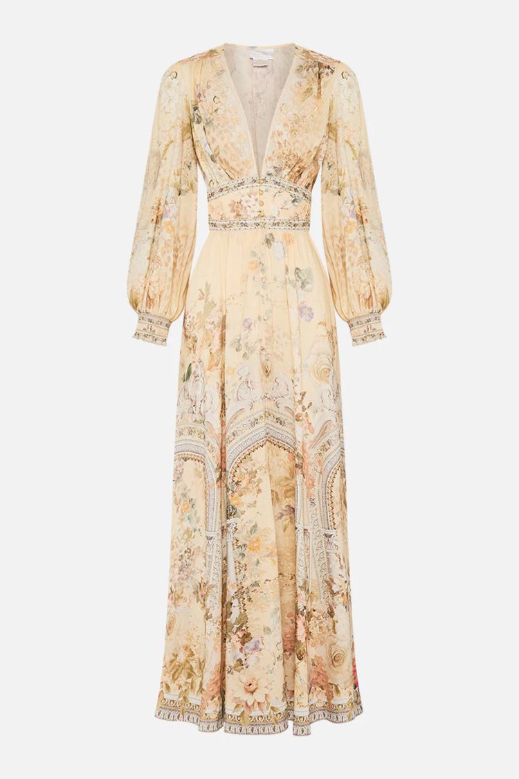 Printed V-neck Long-sleeved Puff Sleeve Waist Maxi Dress