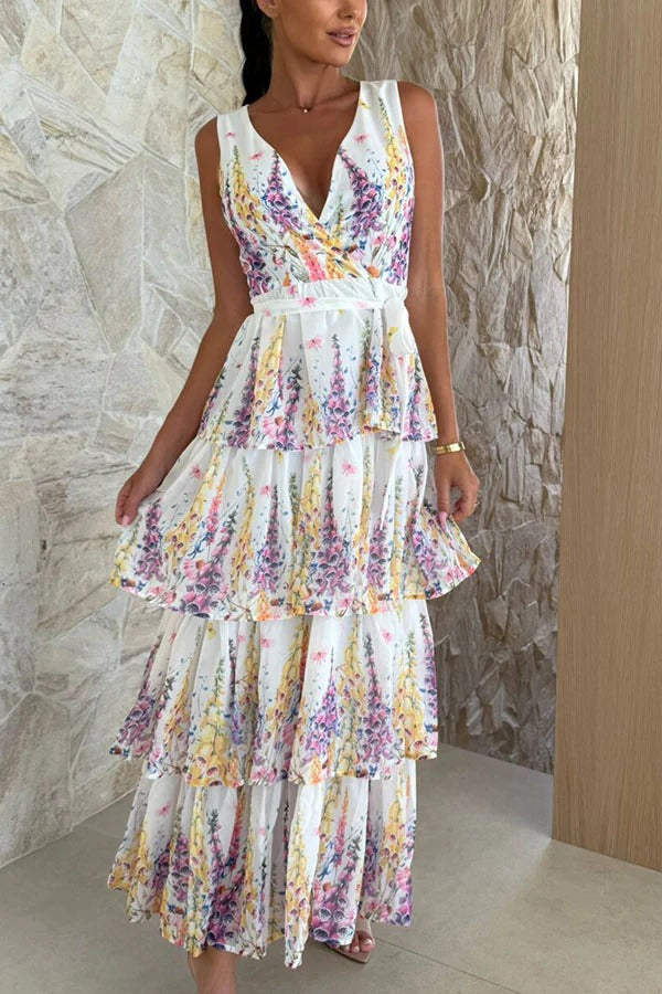 Sunny Views Lavender Print V-neck Tie-up Tiered Maxi Dress White