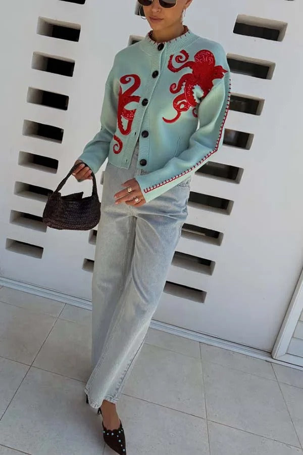 Coastal Fashion Knit Octopus Graphic Contrast Piping Button Up Loose Cardigan