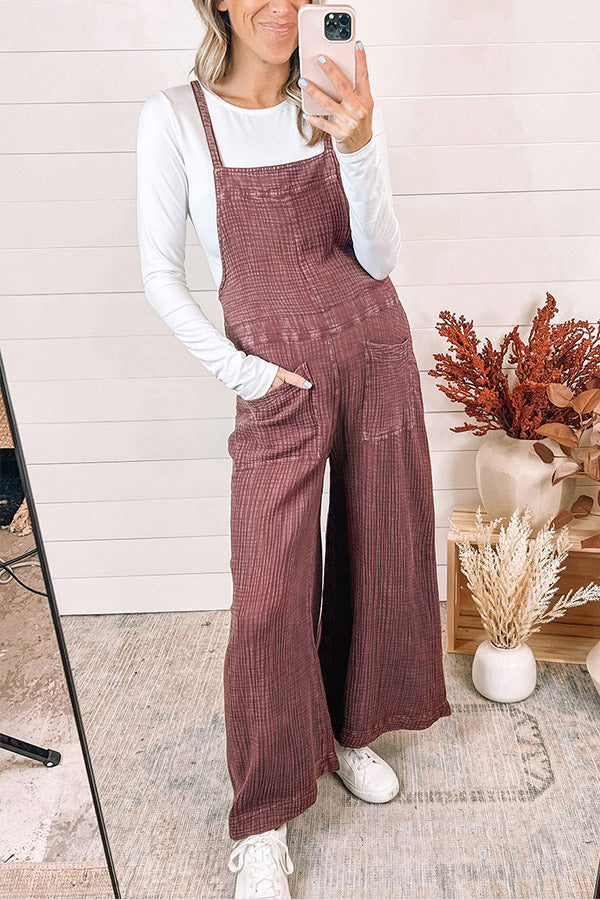 Red Textured Shoulder Straps Pocketed Overalls