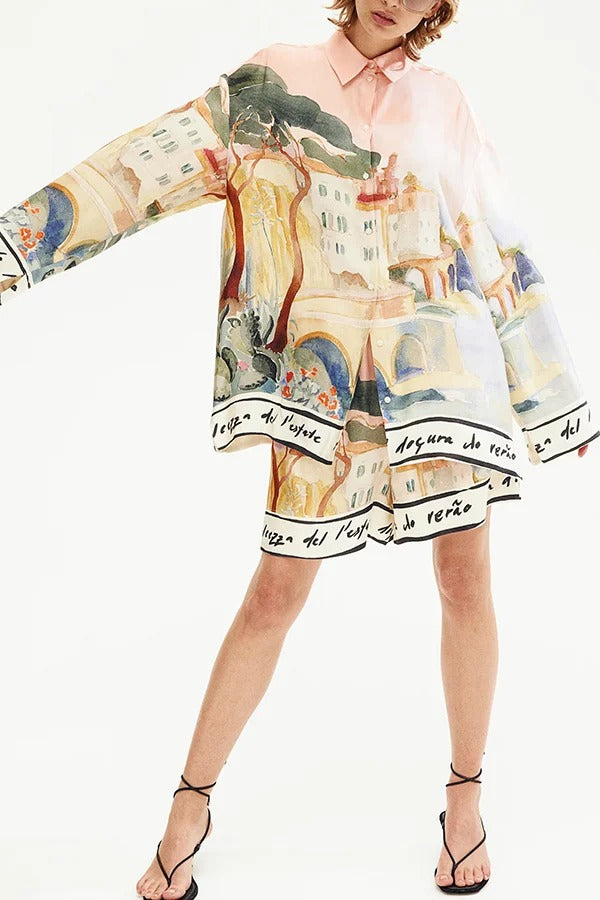 Ensemble chemise ample à manches longues et revers à imprimé unique et short décontracté à poches et taille élastique 