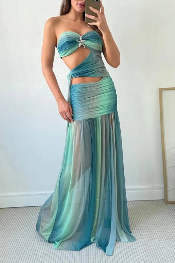 Sexy Printed Side-Slit Draped Maxi Dress