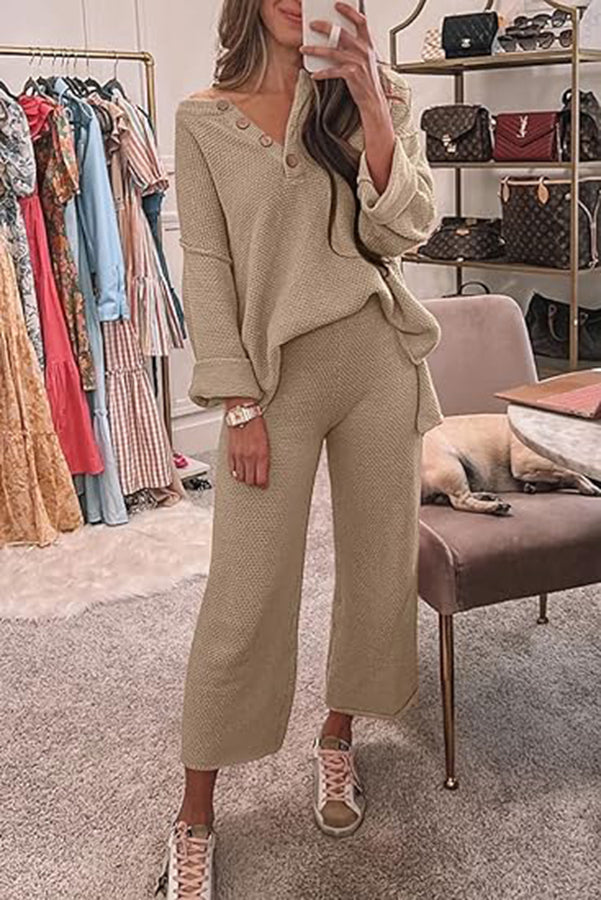 Heather Hailey Solid Color Casual Button V Neck Top and Pant Two Piece Set Khaki