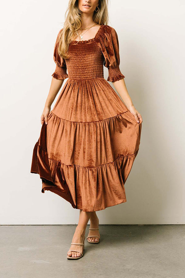 Gold velvet square neck ruffled high waist tight temperament commuter dress Orange