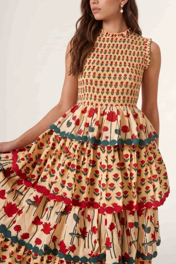 Pleated Deign Printed Maxi Dress