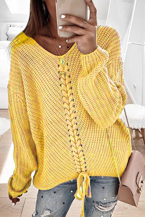 Loose V Neck Drawstring Open Back Pullover Knitted Sweater Yellow
