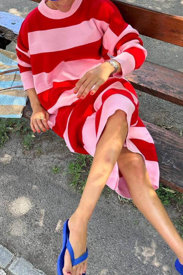 Red and pink wide striped knitted loose long dress