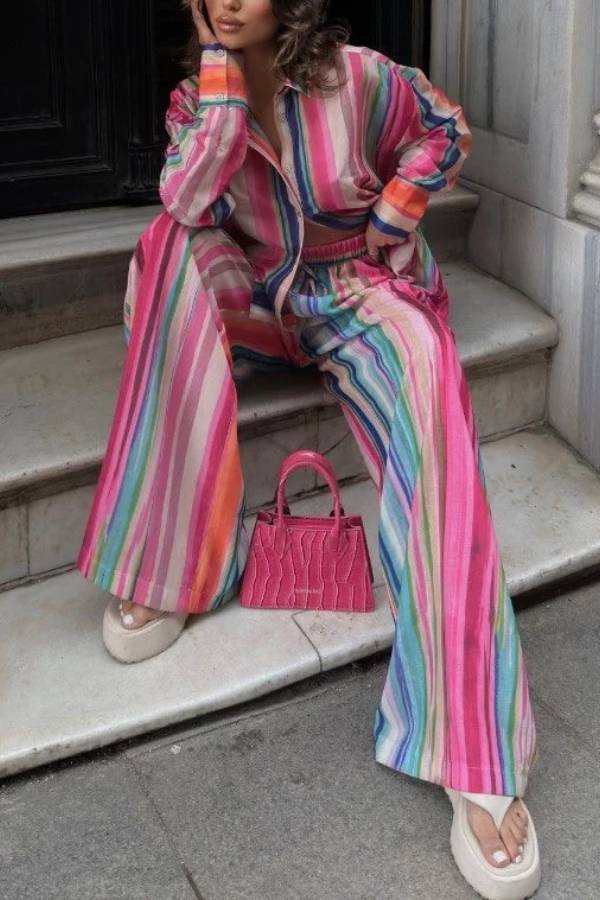 Colorful Stripe Loose Shirt & Wide‑Leg Pants Two‑Piece Set