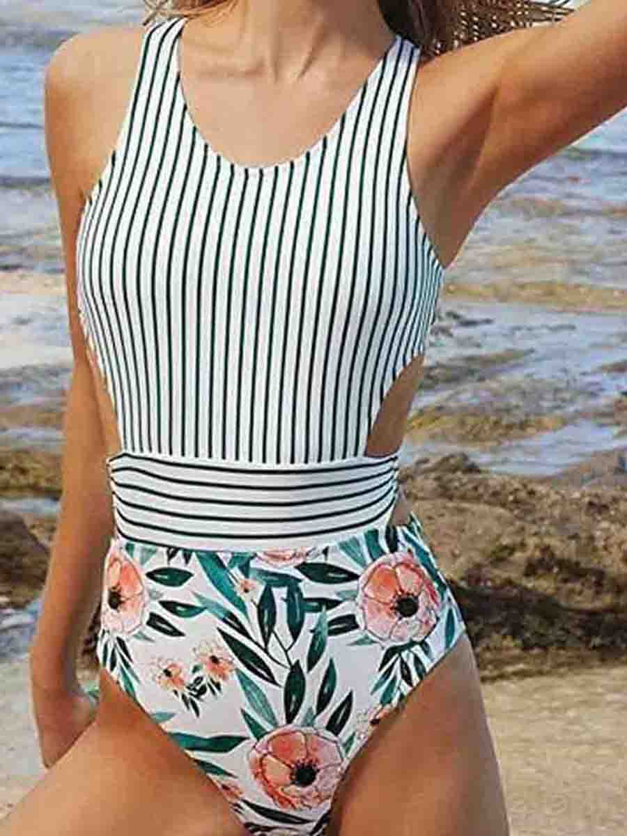 Hollow-out Design Patchwork One-piece Swimsuit Green