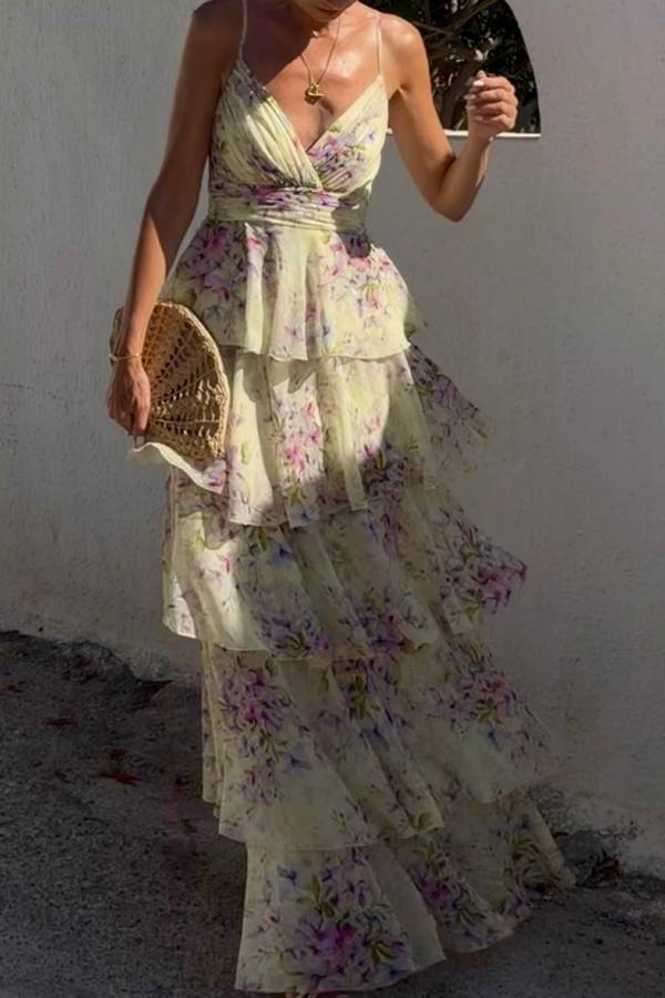 V-Neck Spaghetti Strap Floral Tiered Cake Vacation Maxi Dress