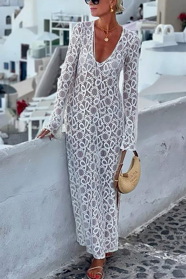 Santorini Sunset Floral Lace Long Sleeve Slit Vacation Maxi Dress White