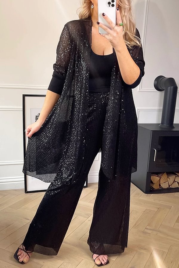Shine Bright Sequin Half Sleeve Open Front Drape Midi Kimono Black