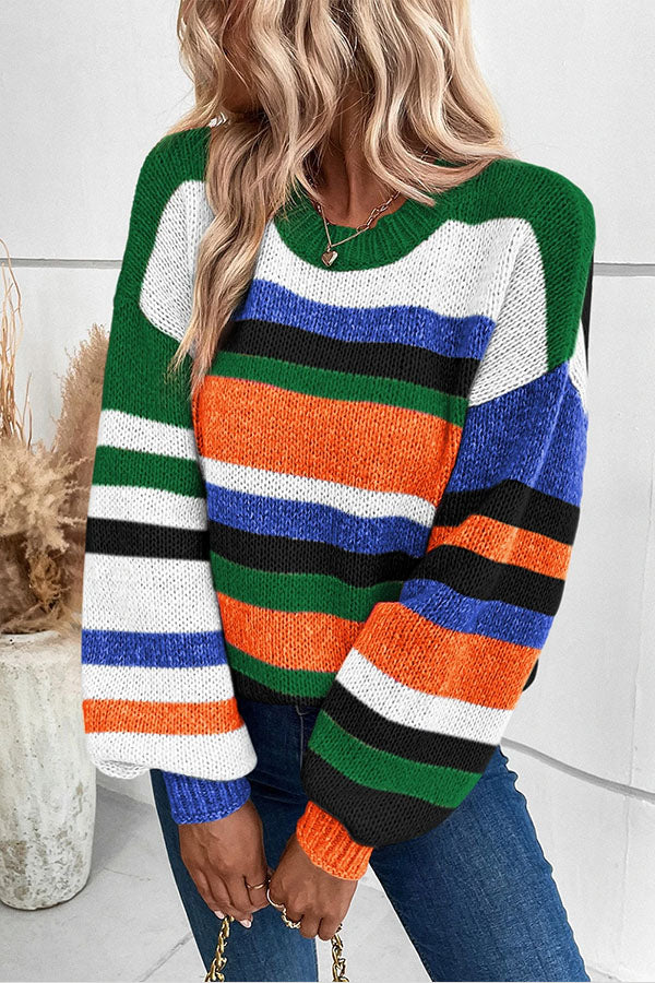 Multicolour Striped Knit Drop Shoulder Lantern Sleeve Sweater 3 S