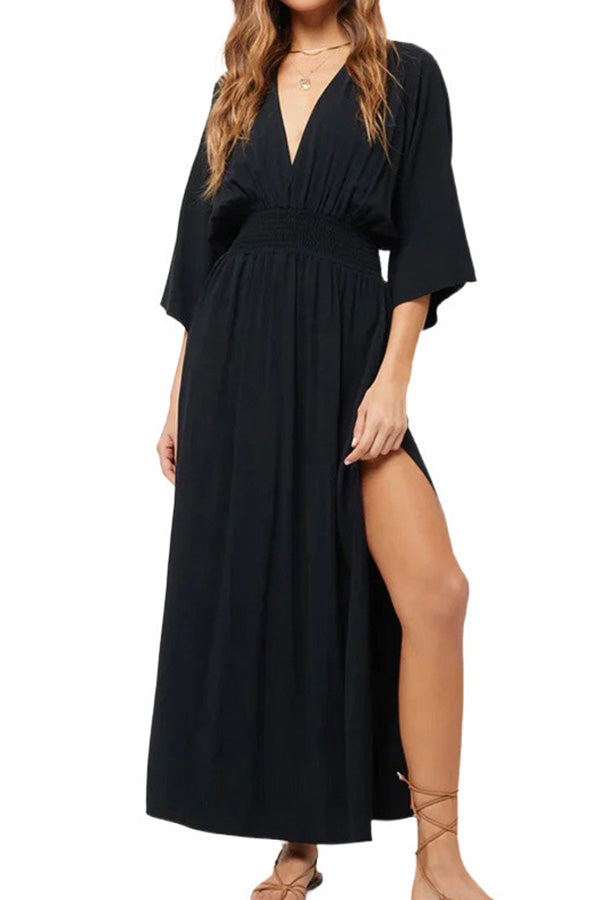 V-neck open back tie high waist loose slit dress Black