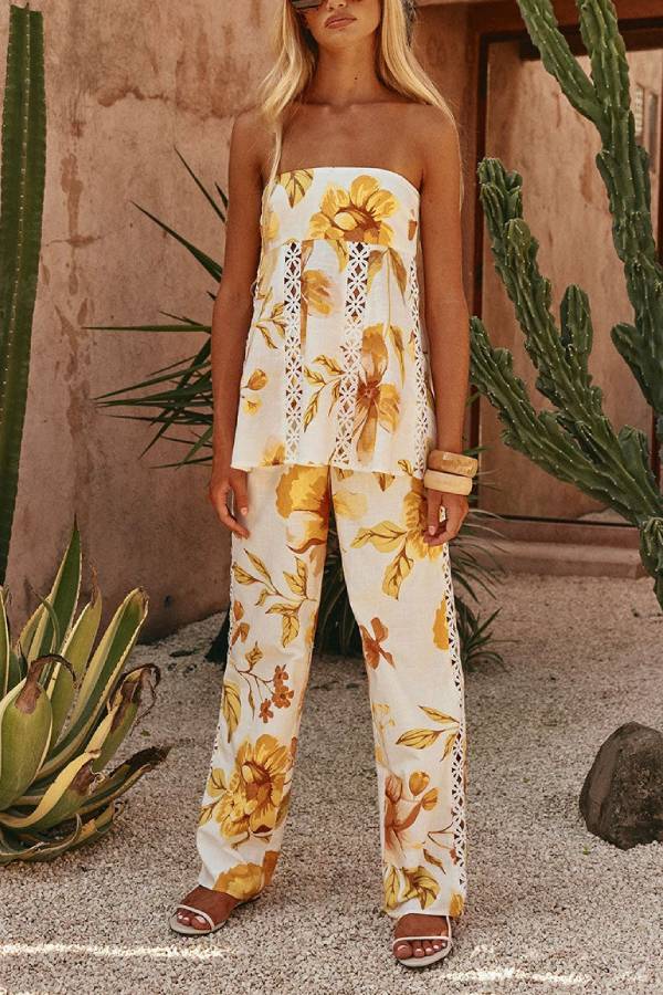 Strapless/Spaghetti Strap Cutout Floral Top & Wide Leg Pants Two-Piece Set