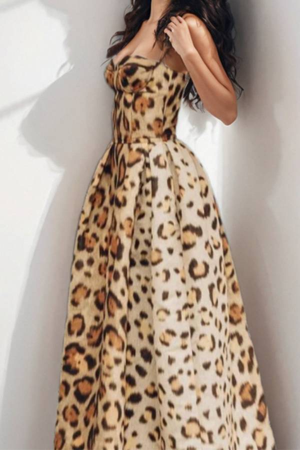 Vintage Leopard Corset Spaghetti Strap Full-Length Ball Gown