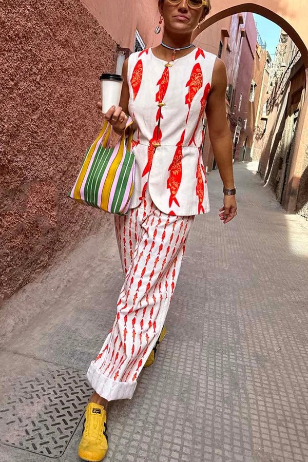 Good Luck Linen Blend Koi Pattern High Rise Elastic Waist Loose Pants