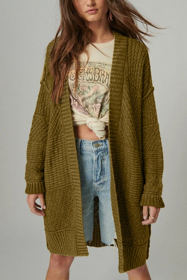 Green Casual Open Front Long Knit Cardigan Green