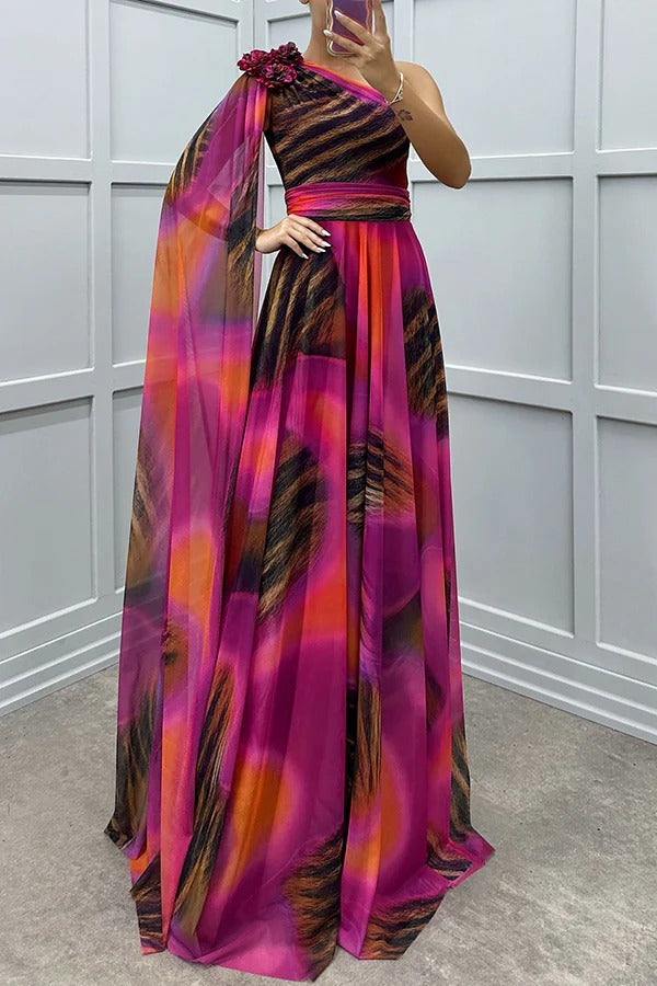 Lucia Unique Print Floral Detail One Shoulder Draped Sleeve Gown Maxi Dress Rose red