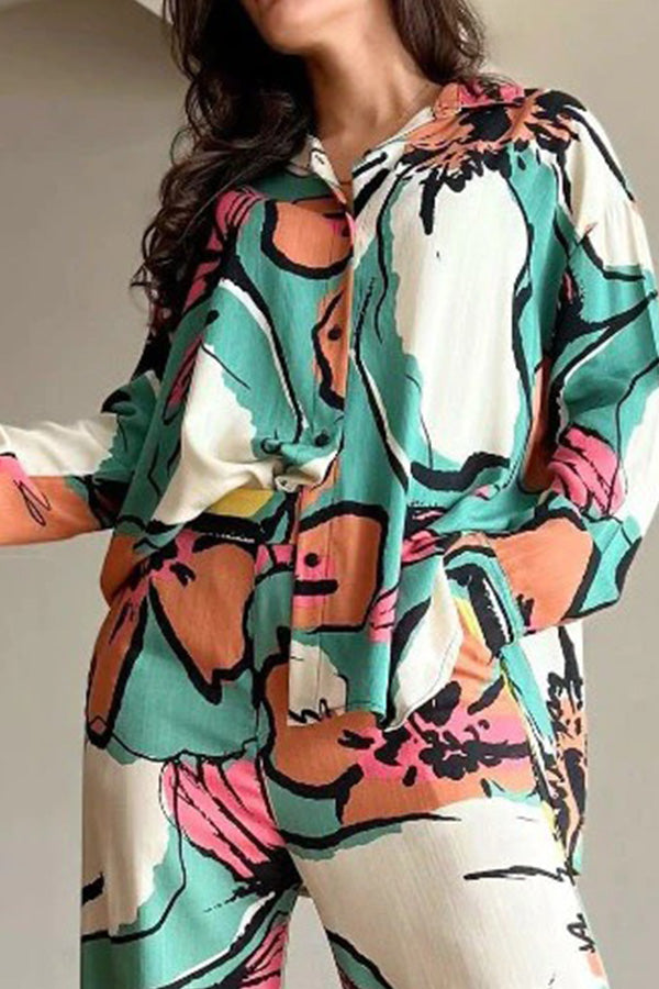 Printed Commuter Shirt High Waist Wide Leg Pants Set