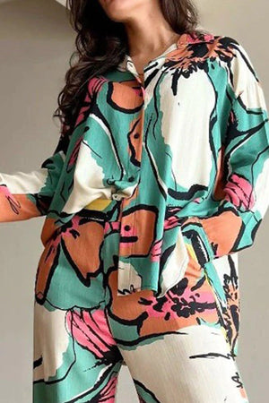 Printed Commuter Shirt High Waist Wide Leg Pants Set