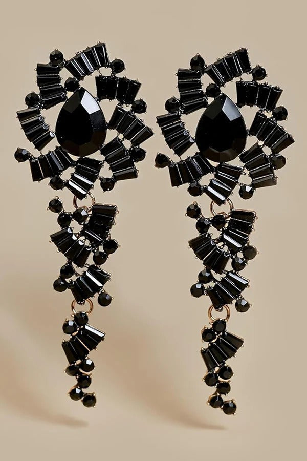 Retro Alloy Diamond Acrylic Flower Long Earrings Black one size