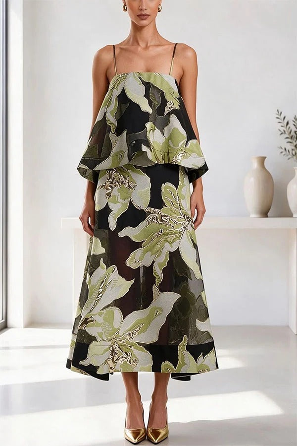 Effortlessly Romantic Floral Print Tiered Slip Square Neck A-line Maxi Dress