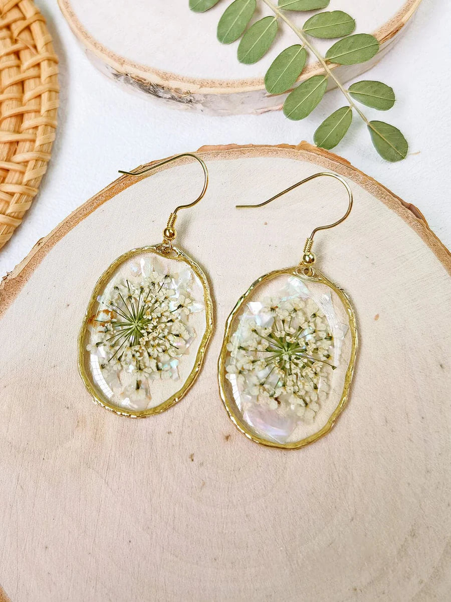 Resin Pressed Flower Earrings - Gold Shell Queen Anne's Lace Gold one size