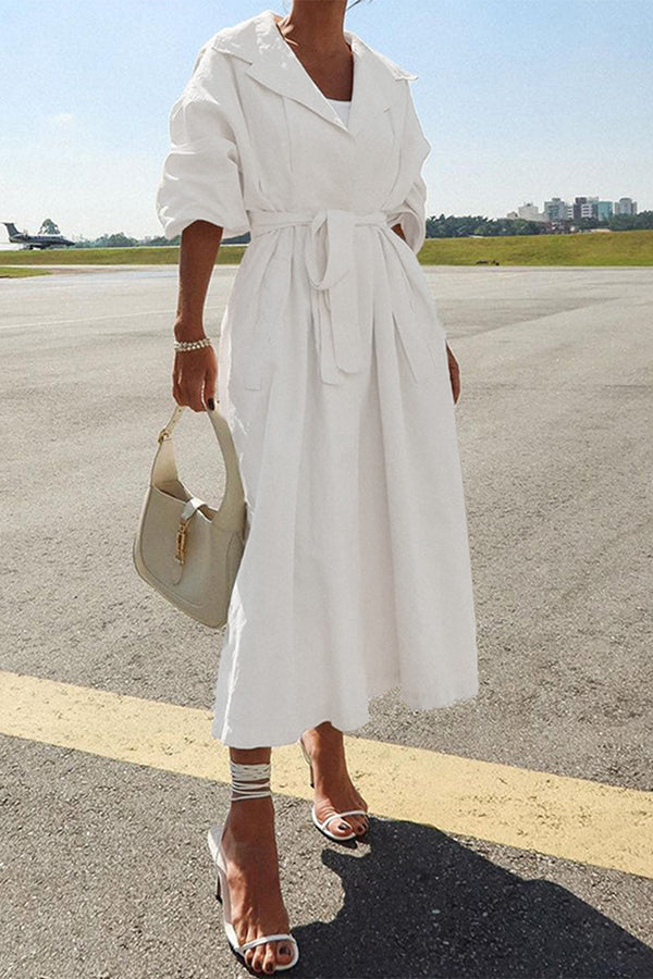 Solid Color Lapel Long Sleeves Lace-up Waist Mid-length Coat White