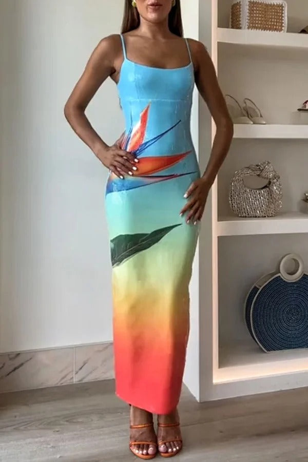 Dreamy Dreamy Sequin Unique Floral Gradient Print Slit Stretch Maxi Dress Blue