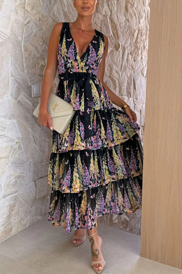 Sunny Views Lavender Print V-neck Tie-up Tiered Maxi Dress