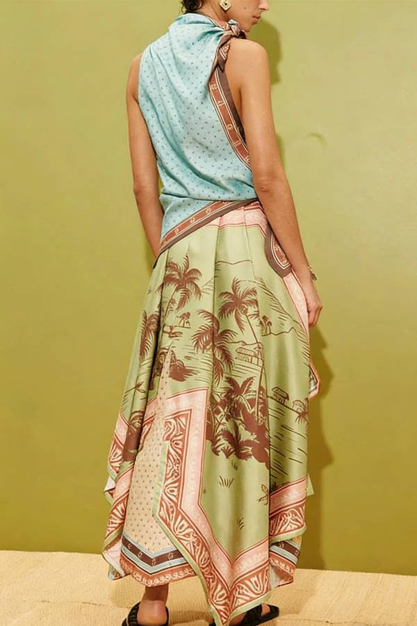 Alberta Satin Unique Color-blocked Print Tie Detail Layered Scarf Midi Dress