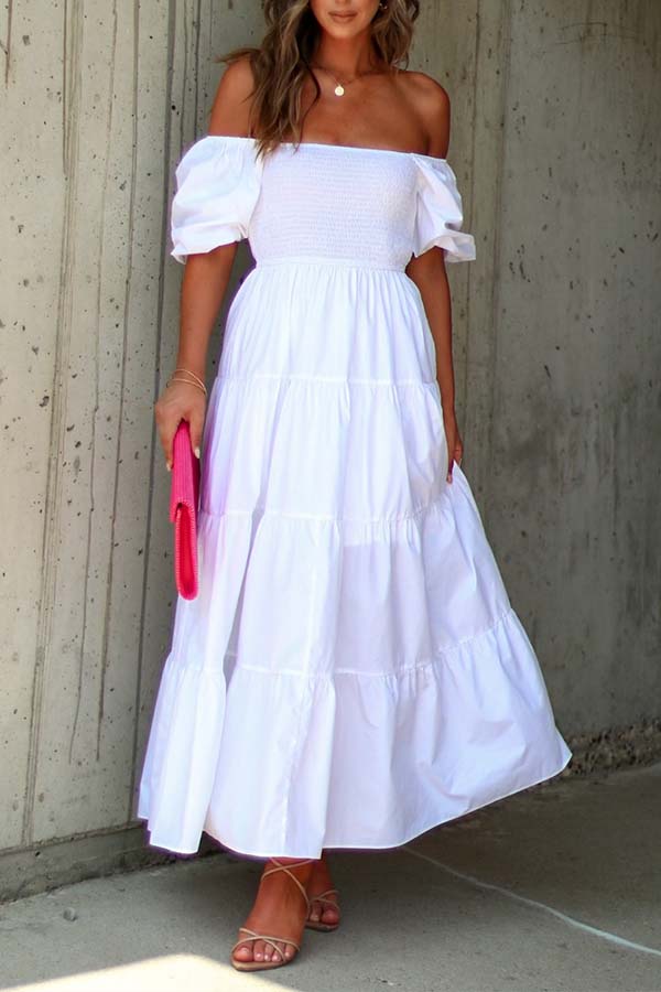 MODENA PUFF SLEEVE TIERED MIDI DRESS White