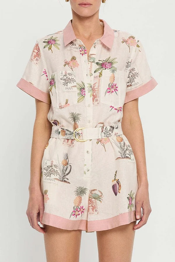 Plant Print Lapel Short Sleeves Loose Pocket Waist Tie Casual Rompers