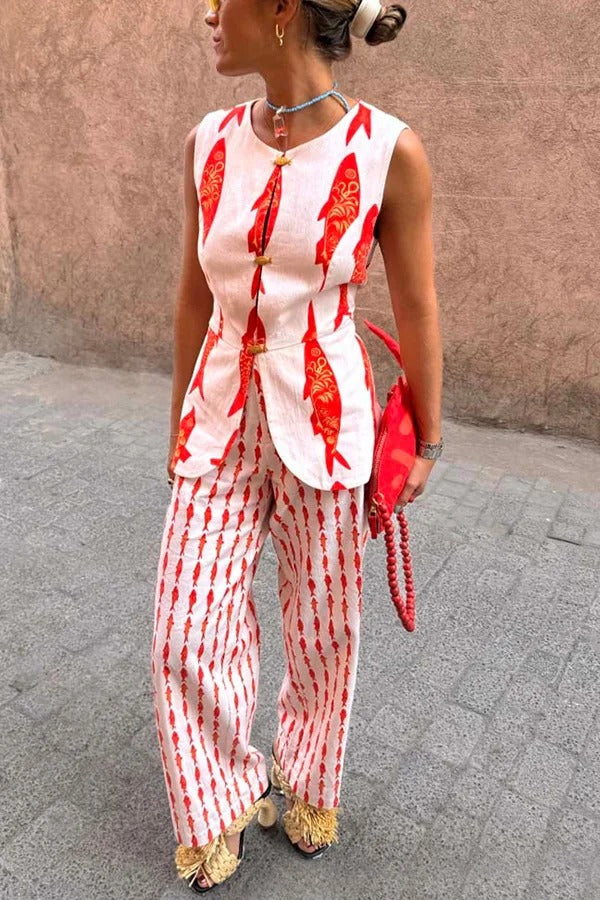 Good Luck Linen Blend Koi Pattern Metal Buttons Waisted Vest