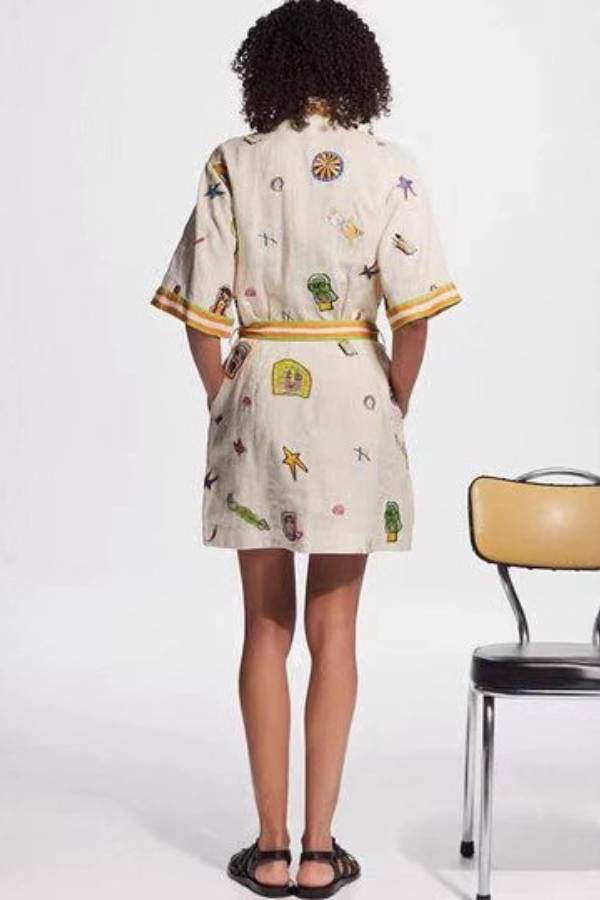 Playful Cartoon Embroidered Contrast Stripe Tie Shirt Dress
