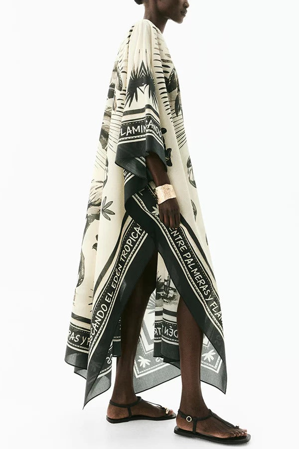 Flora Flamingo Print V-neck Loose Holiday Maxi Dress