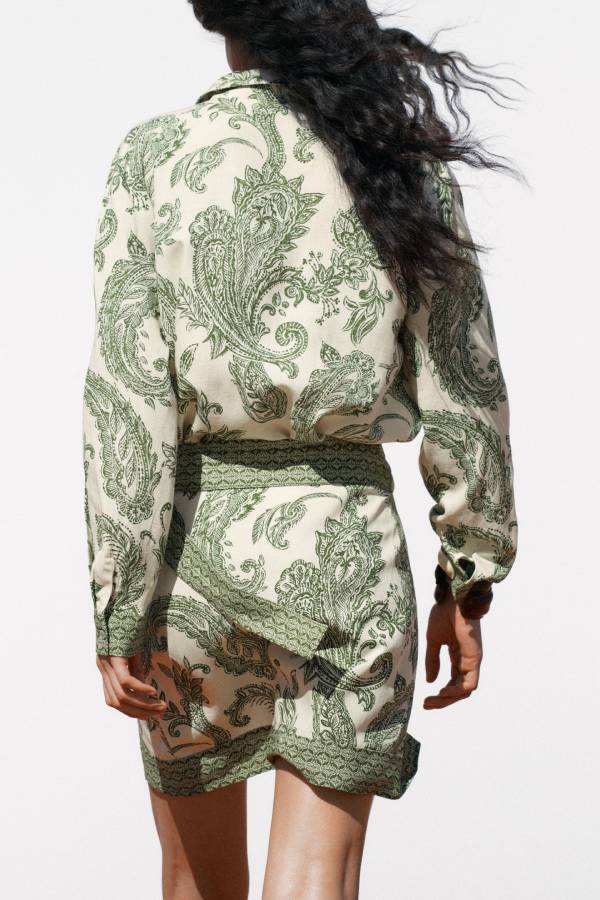 Blend Into Leaves Linen Blend Unique Print Long Sleeve Blouse and Wrap Tie-up Mini Skirt Set