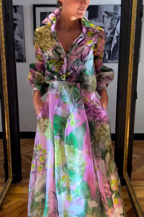 Seeds of Happiness Tulle Floral Print Balloon Sleeve Belt Blouse Pink