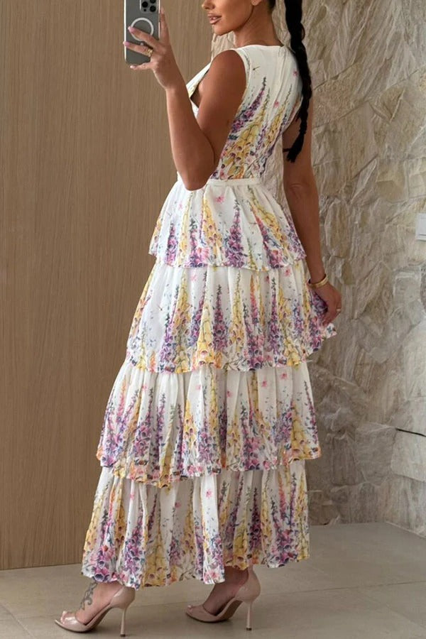 Sunny Views Lavender Print V-neck Tie-up Tiered Maxi Dress