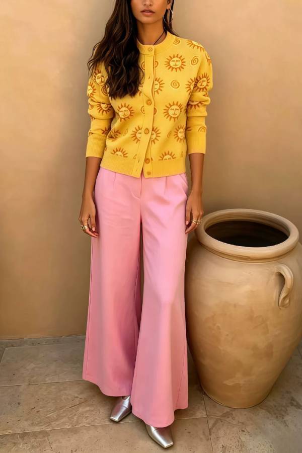 Vintage Sun Jacquard Knit Cardigan & High Waist Wide‑Leg Pants Two‑Piece Set