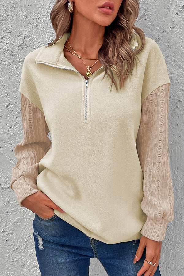 Beige Half Zip Textured Patchwork Sleeve Drop Shoulder Sweatshirt Beige