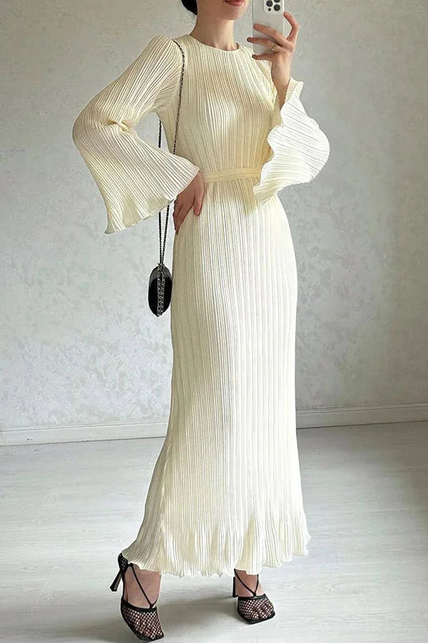 Victoria Pleated Bell Sleeve Back Tie Up Maxi Dress White