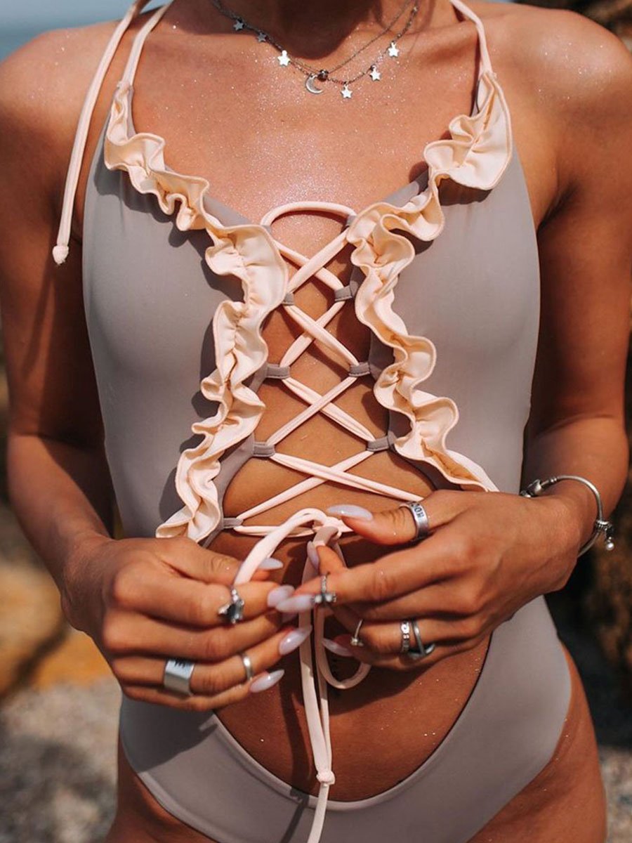 Hollow-out Design Flounce One-piece Swimsuit (2 Colors) Grey