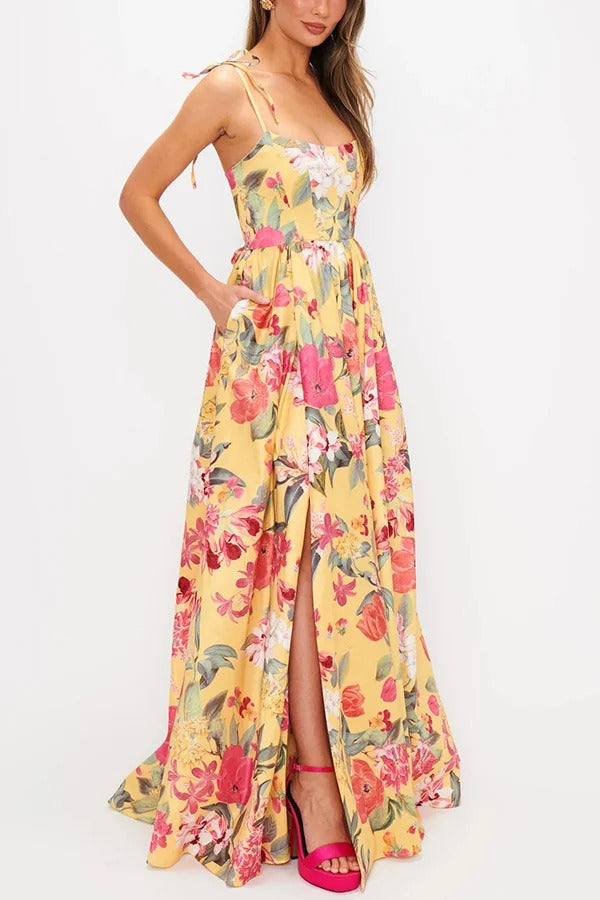Garden Wedding Floral Print Back Tie-up Pocketed Slit Maxi Dress