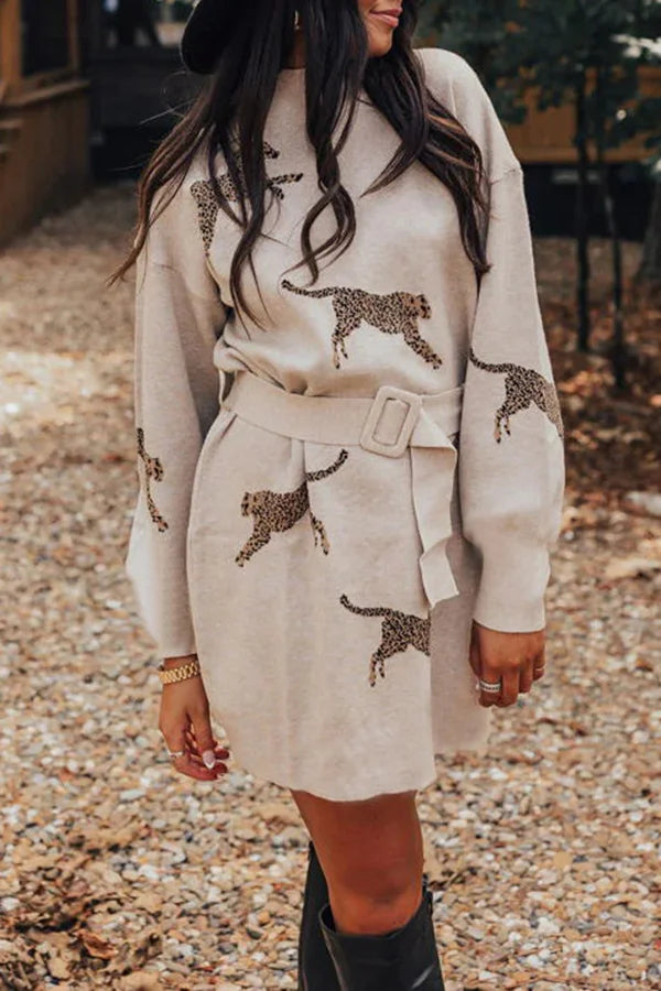 Fiercely in Love Leopard Print Mock Neck Removable Belt Sweatshirt Mini Dress