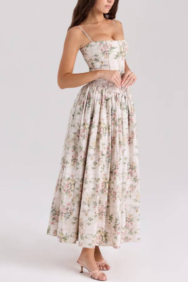 Spaghetti Strap Corset Floral Midi Dress