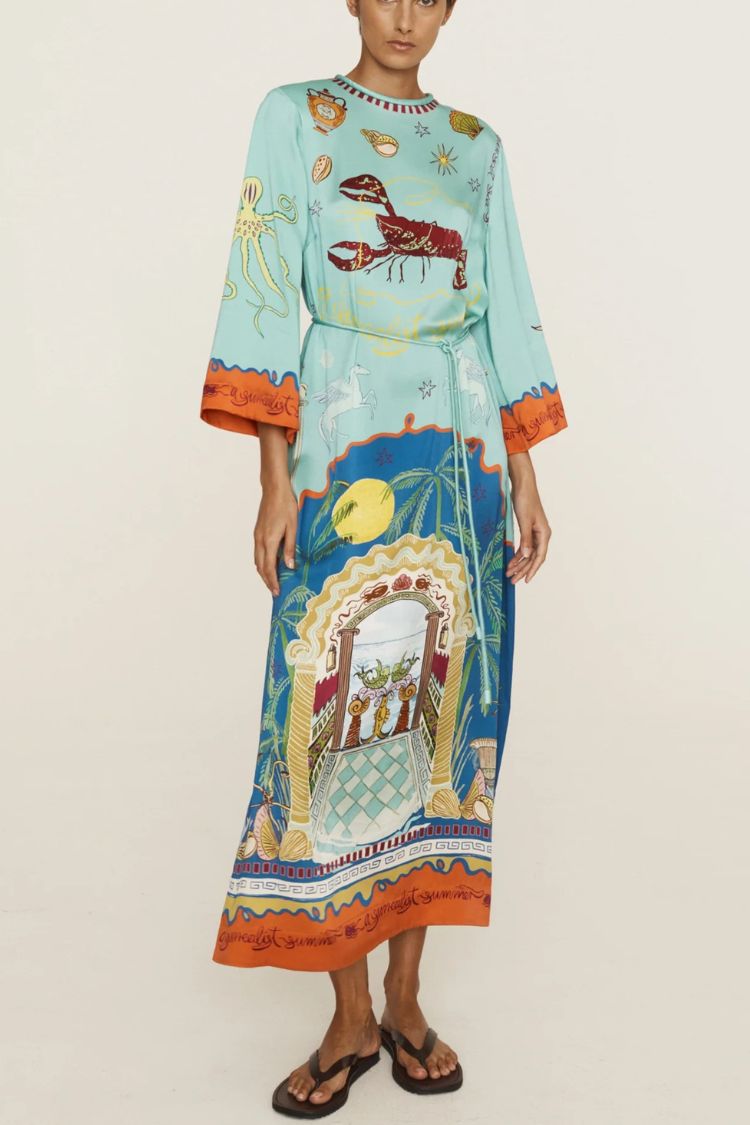 Satin Unique Print Long-sleeve Tie-waist Slit Maxi Dress